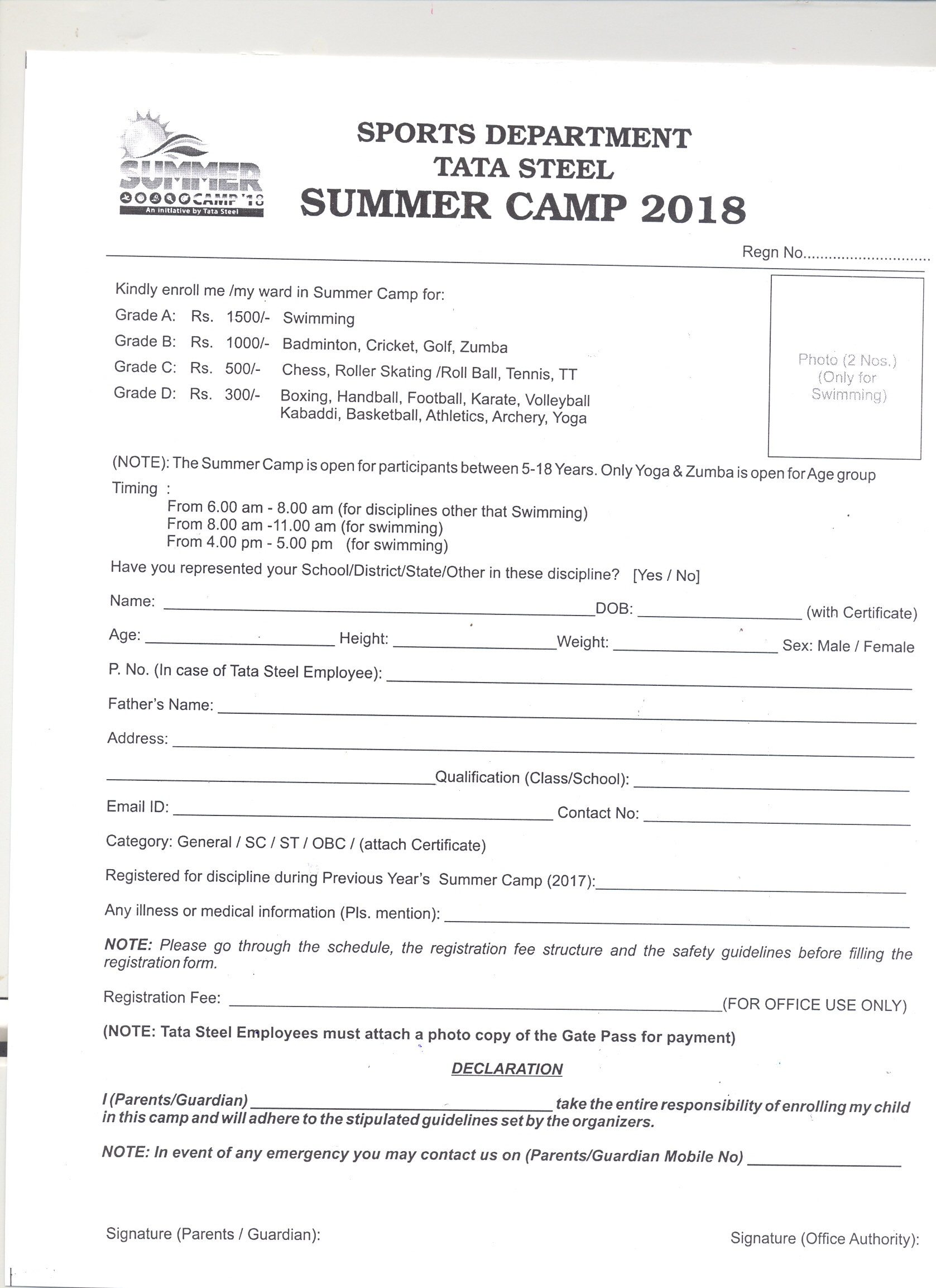 Summer Camp FORM (Tata Steel Sports dept)